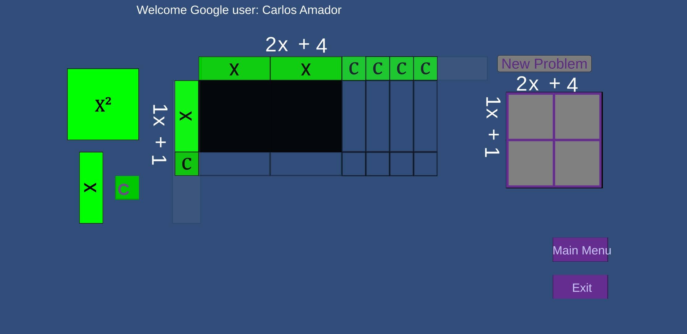 Unity-based Android algebra tiles app showing polynomial multiplication with green X and C tiles on a blue background