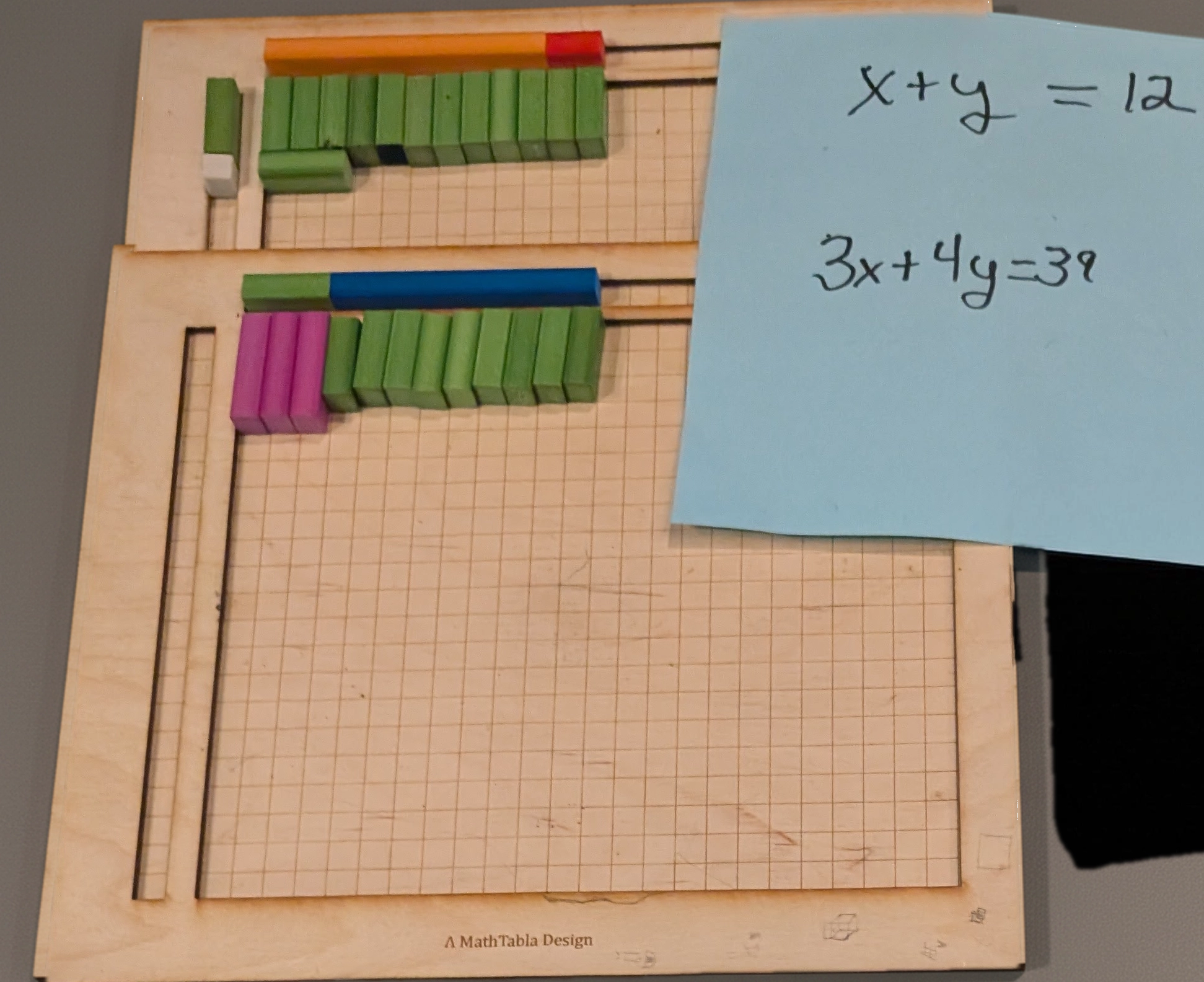 The MathTabla board with Cuisenaire rods arranged to show the system of equations x + y = 12 and 3x + 4y = 39